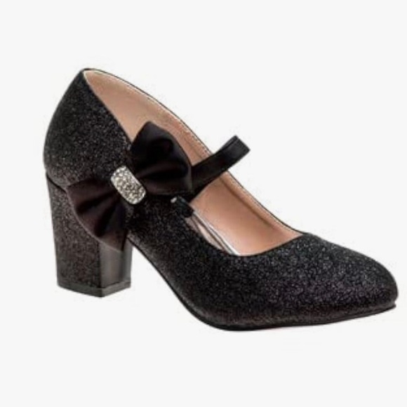Badgley Mischka Size 4 Girls Janelle Pump Black Glitter Block Heels Rhinestones - Picture 1 of 11